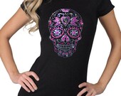 O-Neck Women 39 s Purple Pink Rhinestone Gothic Sugar Skull Dia De Los Muertos T-Shirt