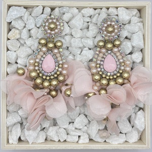 Handmade Dusty Light Pink Blush Gold Earrings Bohemian Statement Earrings Fashion  Long Drop Earrings with Beads & Rhinestones Gift for her