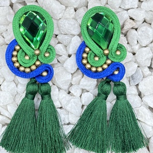 Handmade Green Blue Colorful Soutache Braid Earrings Boho Style Fashion Hand Embroidered Long Drop Tassel Earrings with Beads