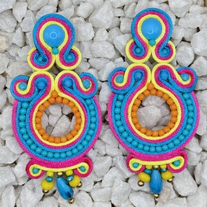 Handmade Turquoise Yellow Orange Colorful Soutache Braid Earrings Boho Style Fashion Hand Embroidered Long Drop Beads Earrings Jewelry
