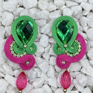 Handmade Green Turquoise Blue Hot Pink Colorful Soutache Braid Earrings Boho Style Fashion Hand Embroidered Long Drop Earrings Jewelry