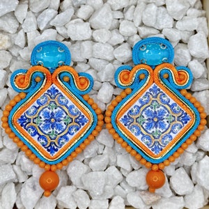Handmade Turquoise Red Orange Colorful Soutache Braid Earrings Boho Style Fashion Hand Embroidered Long Drop Earrings Jewelry