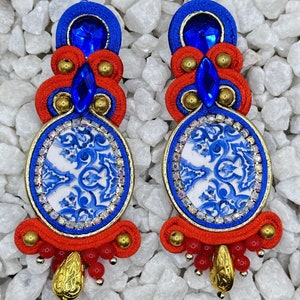 Handmade Red Blue Gold Colorful Soutache Bohemian Statement Earrings Fashion Hand Embroidered Long Drop Earring with Beads and Rhinestones