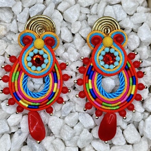 Handmade Red Blue Orange Yellow Colorful Soutache Braid Earrings Boho Style Fashion Hand Embroidered Long Drop Beads Earrings Jewelry