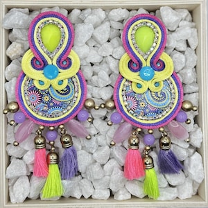 Handmade Rainbow Colorful Soutache Braid Bohemian Statement Earrings Fashion Long Drop Tassel Earrings with Beads & Rhinestones