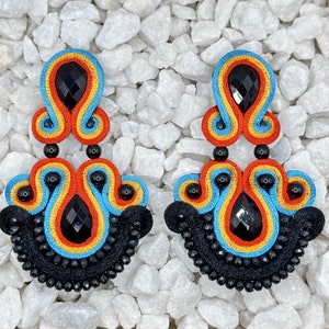 Handmade Black Red Turquoise Orange Colorful Soutache Braid Earrings Boho Style Fashion Hand Embroidered Long Drop Earrings Jewelry