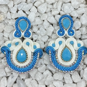 Handmade White Turquoise Blue  Soutache Braid Earrings Bohemian Statement Earrings Fashion Hand Embroidered Long Drop Beads Earrings Jewelry