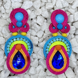 Handmade Rainbow Colorful Soutache Braid Earrings Bohemian Statement Earrings Fashion Hand Embroidered Long Drop Beads Earrings Jewelry