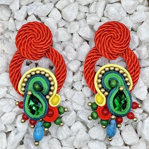 Handmade Red Green Yellow Colorful Soutache Braid Earrings Boho Style Fashion Hand Embroidered Long Drop Earrings Jewelry