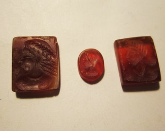 3 Antique Carnelian Seals and Intaglios Grand Tour Late 19th C. Ancient Designs - Great Ring or Pendant Stones