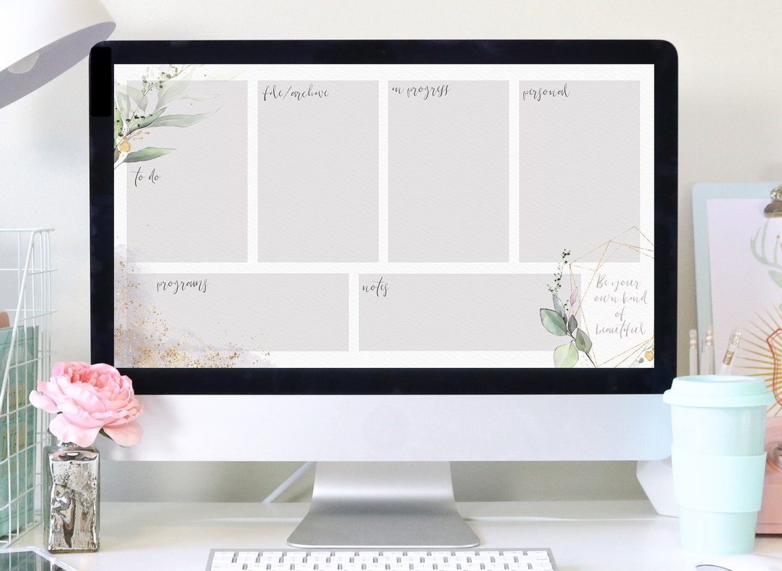 Purple Watercolor Leaf Desktop Wallpaper Organizer Etsy