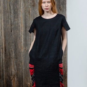 Original black and red dress, Artistic linen summer dress, Black midi dress, Loose fit original urban dress, Work dress, Formal linen dress image 1