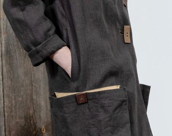 Summer/Autumn linen coat with pockets | Asymmetrical gray coat with decorative leather buttons