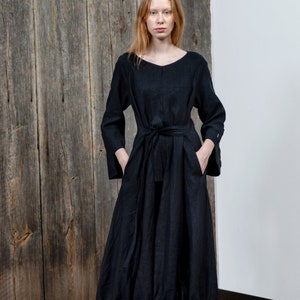 Long black linen dress, Loose fit dress, Dress with belt, Oversize dress, Elastic band bottom, Dress with a bow, Beautiful black dress image 1