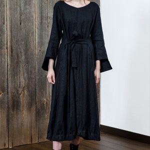 Long black linen dress, Loose fit dress, Dress with belt, Oversize dress, Elastic band bottom, Dress with a bow, Beautiful black dress image 2