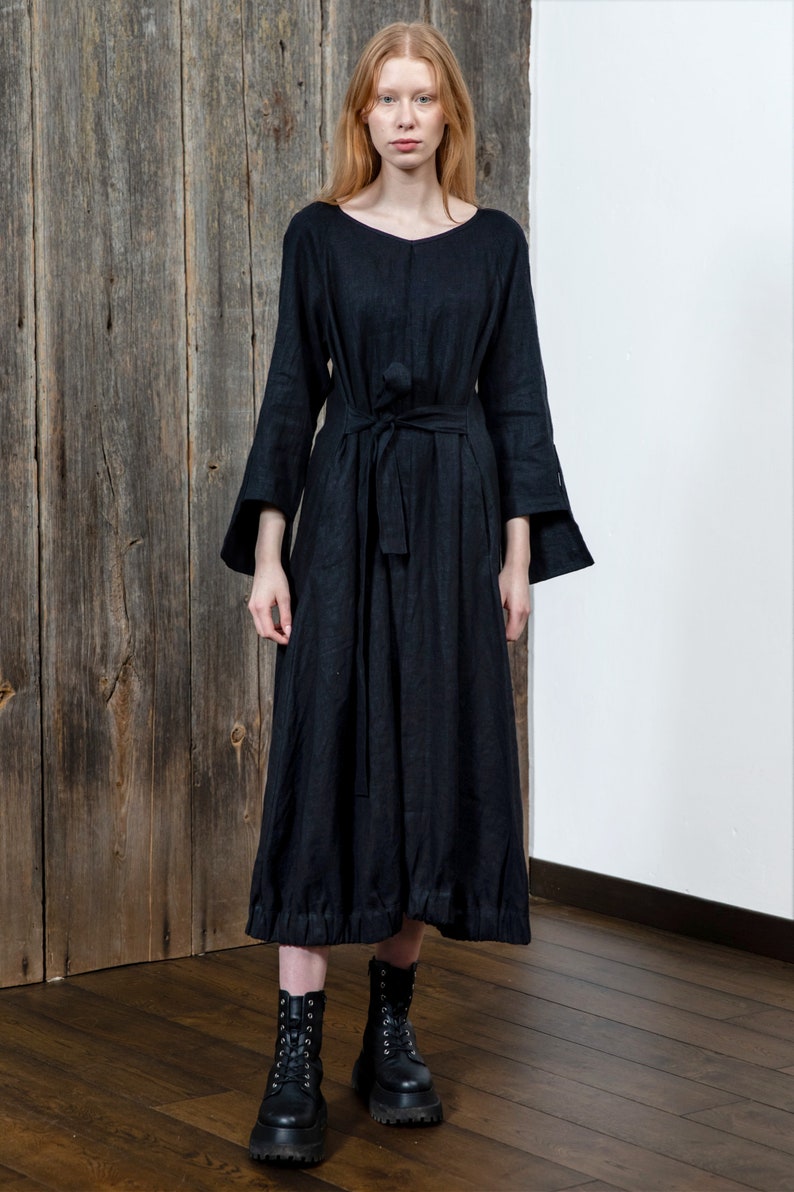 Long black linen dress, Loose fit dress, Dress with belt, Oversize dress, Elastic band bottom, Dress with a bow, Beautiful black dress image 2