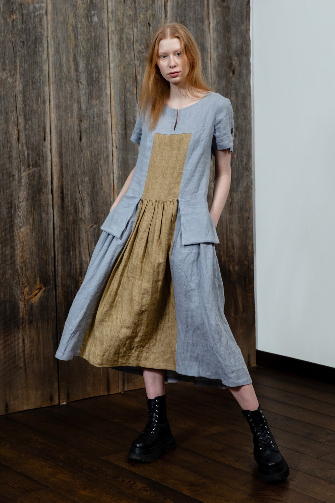 Blue Linen Loose Fit Dress Playful Summer Dress Hot Weather Original