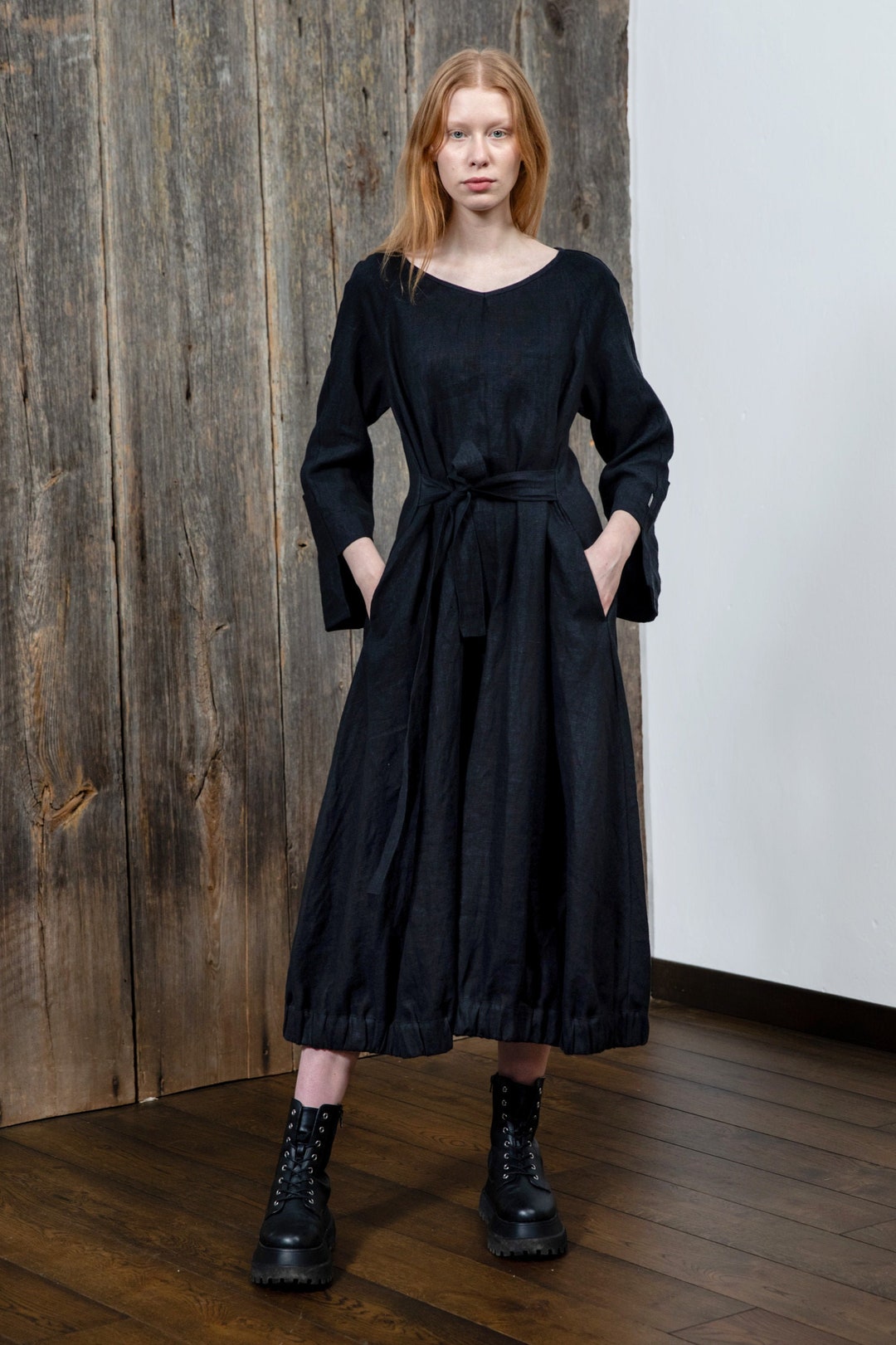 Long Black Linen Dress, Loose Fit Dress, Dress With Belt, Oversize ...
