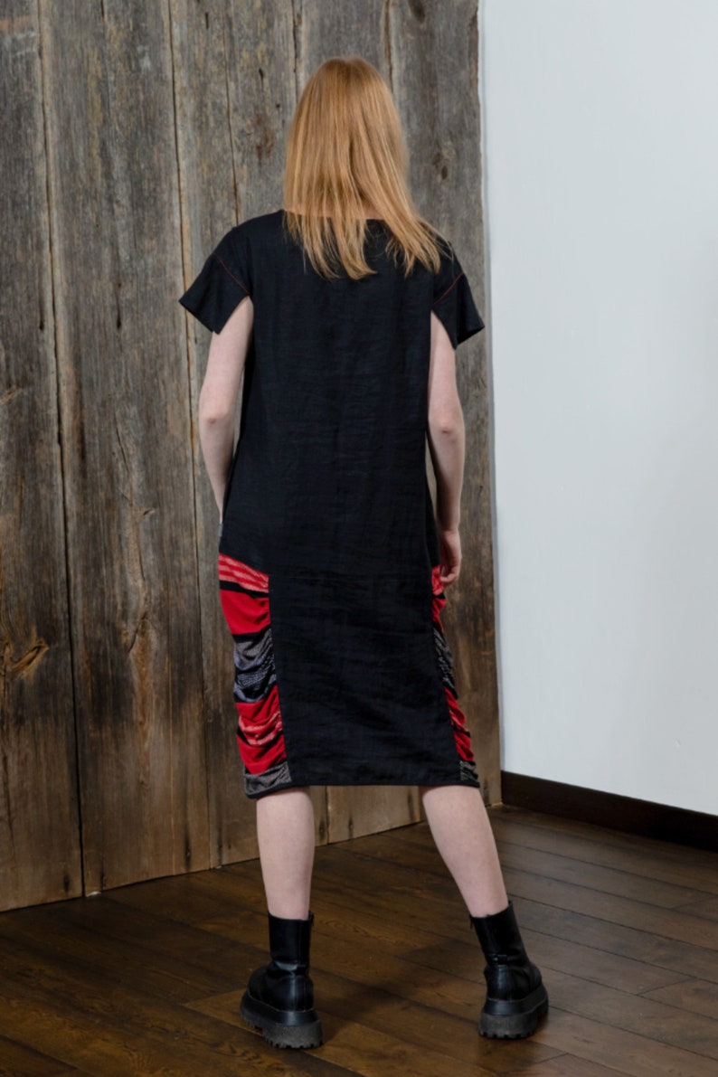 Original black and red dress, Artistic linen summer dress, Black midi dress, Loose fit original urban dress, Work dress, Formal linen dress image 5