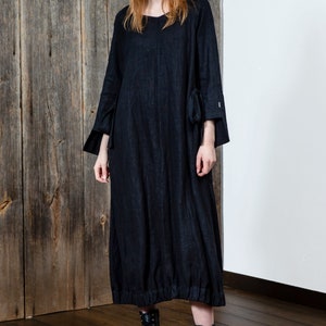 Long black linen dress, Loose fit dress, Dress with belt, Oversize dress, Elastic band bottom, Dress with a bow, Beautiful black dress image 3