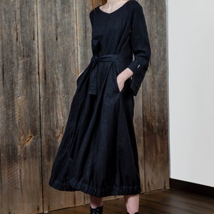 Long black linen dress, Loose fit dress, Dress with belt, Oversize dress, Elastic band bottom, Dress with a bow, Beautiful black dress image 9