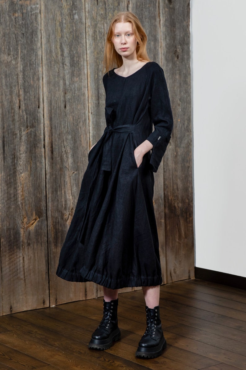 Long black linen dress, Loose fit dress, Dress with belt, Oversize dress, Elastic band bottom, Dress with a bow, Beautiful black dress image 9