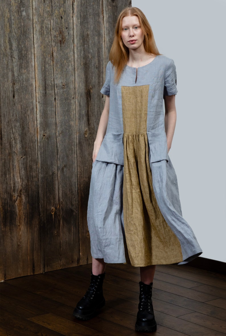 Blue linen loose fit dress Playful summer dress Hot weather original design dress Holiday dress Oversized cute dress with pockets image 4