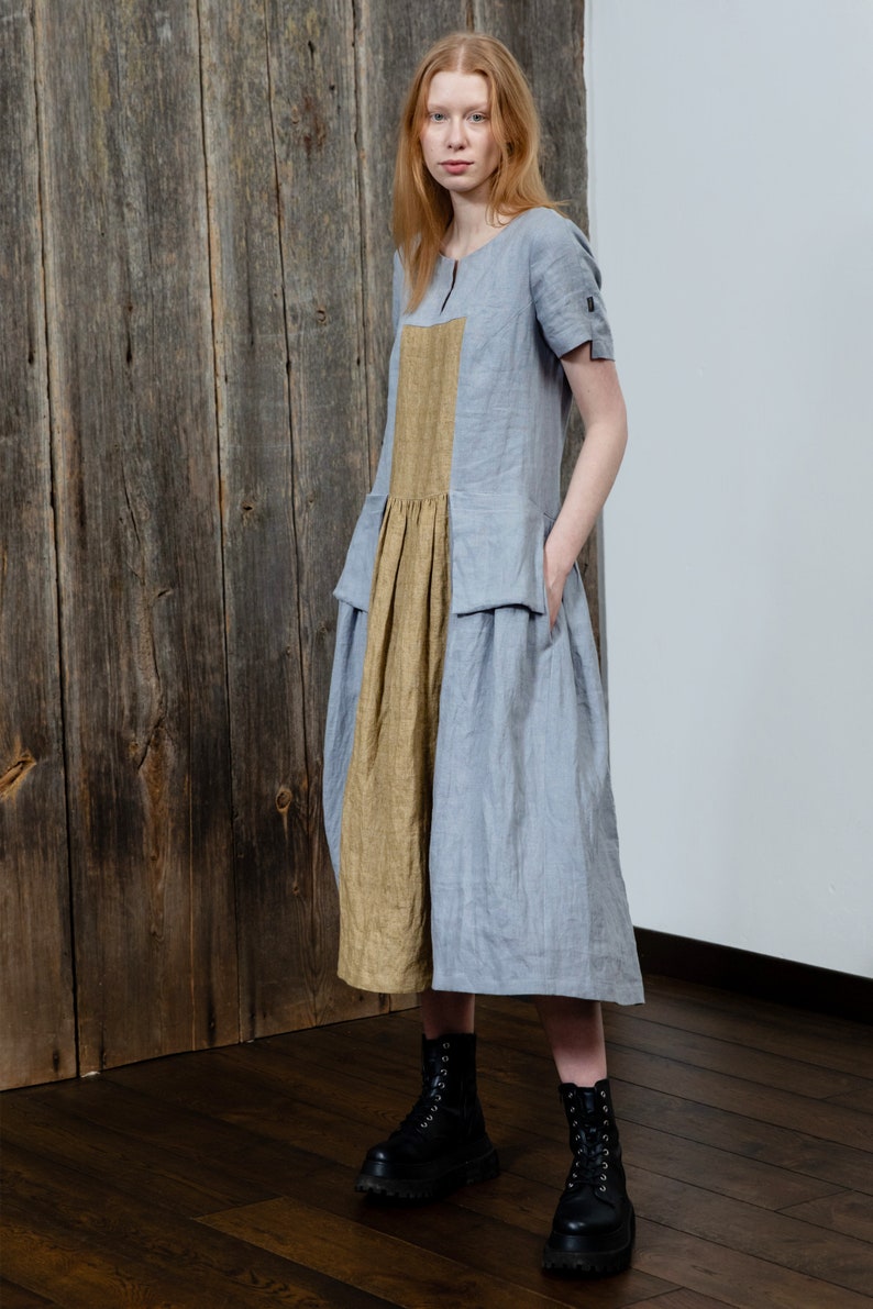 Blue linen loose fit dress Playful summer dress Hot weather original design dress Holiday dress Oversized cute dress with pockets image 2