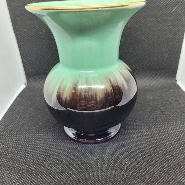 Vintage/German pottery vase/ green and brown with gold trim vase