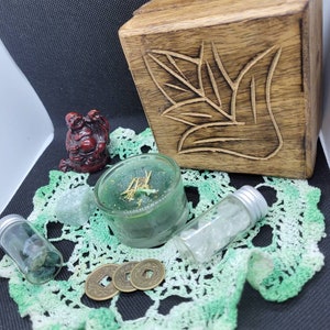 Prosperity altar and crystal grid in a unique wooden box.