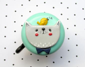 Bike Bell - Carlo the Cat - two-colored - 55mm - polymer clay - handmade (519)