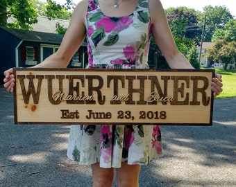 Large Wooden Wedding Anniversary Sign - Personalized and Engraved Family Last Name Sign