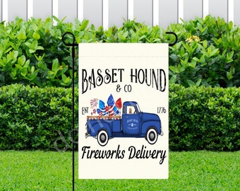 Basset Hound Fireworks Delivery Garden Flag ~ 12.5 x 18 ~ Flag Only ~ No Pole ~ July 4th Garden Flag