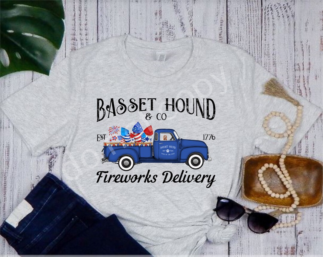 Basset Hound Fireworks Delivery Tshirt Short Sleeve Light Heather Gray