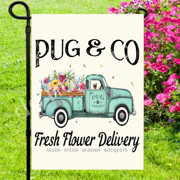 Pug (Fawn-Tan) Fresh Flower Delivery Garden Flag ~ 12.5 x 18 ~ Flag Only ~ No Pole ~ Spring Summer Garden Flag