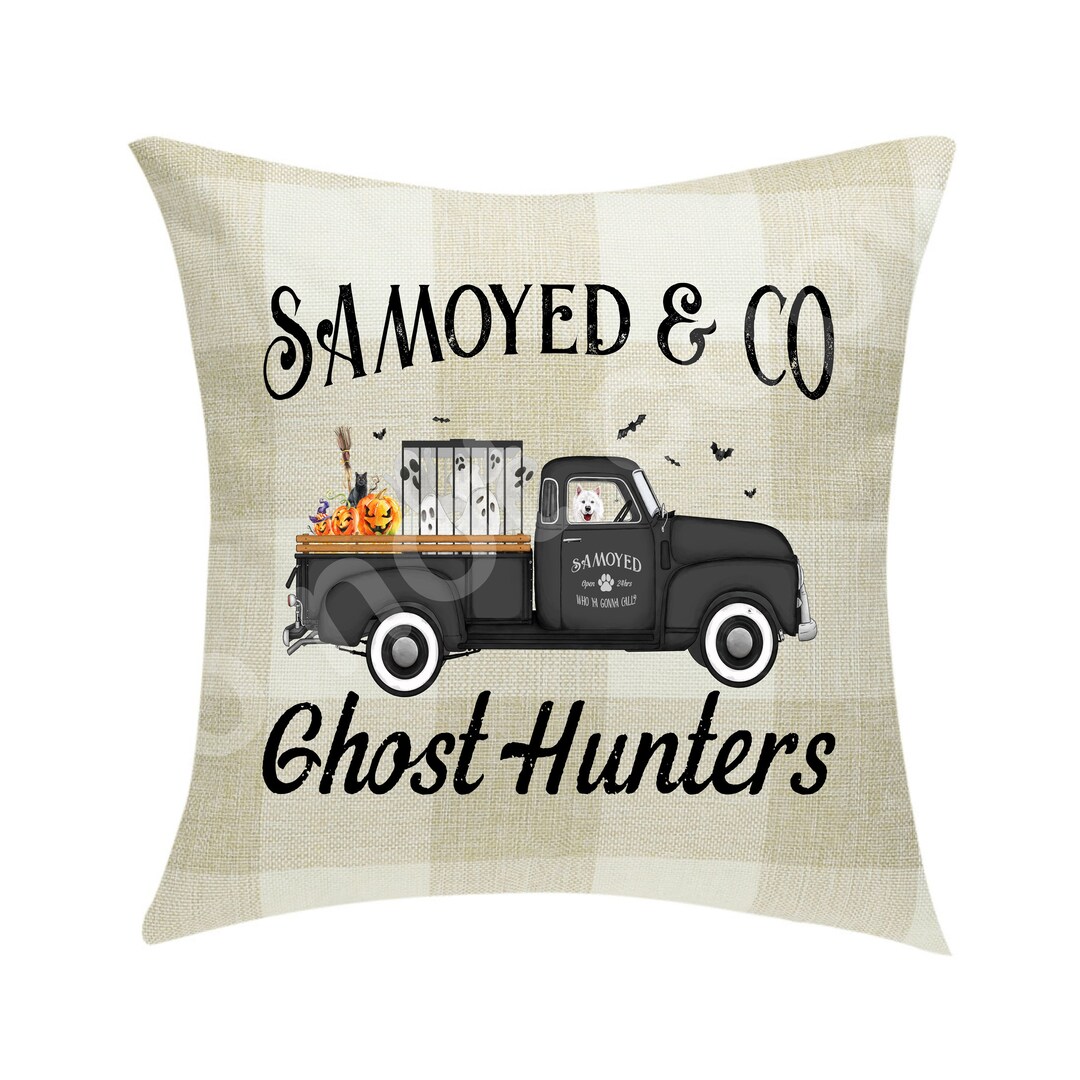 Samoyed & Co. Ghost Hunters Halloween Pillow Cover Buffalo Plaid 18 X