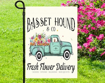 Basset Hound Fresh Flower Delivery Garden Flag ~ 12.5 x 18 ~ Flag Only ~ No Pole ~ Spring Summer Garden Flag