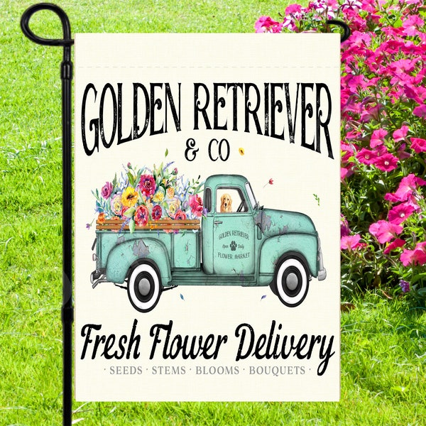 Golden Retriever Fresh Flower Delivery Garden Flag ~ 12.5 x 18 ~ Flag Only ~ No Pole ~ Spring Summer Garden Flag