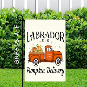 Custom Dog Pumpkin Delivery Garden Flag ~ (BREEDS A-F) Choose Your Breed ~ One Sided 12.5 x 18 Garden Flag ~ NO POLE ~ Garden Flag