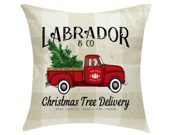 Labrador & Co. (Black Lab) Christmas Tree Delivery Pillow Cover Buffalo Plaid 18 x 18 ~Cover Only~