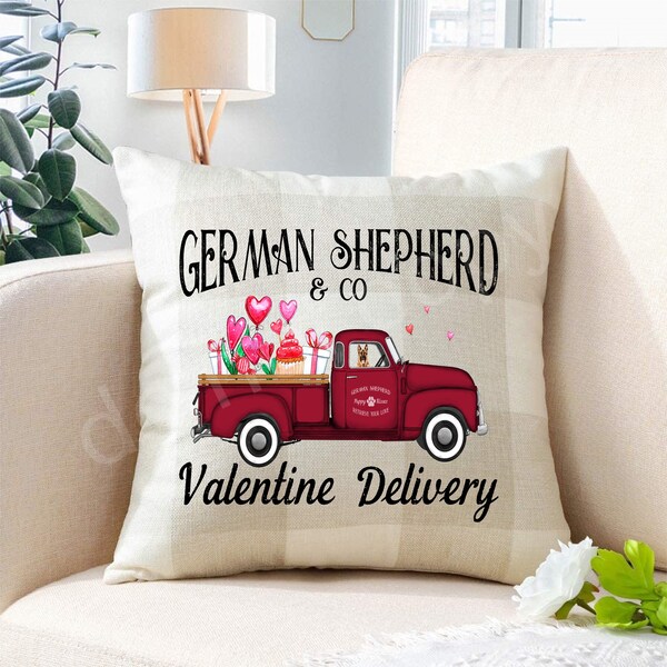 German Shepherd Valentine Delivery Pillow Cover Buffalo Plaid 18 x 18 ~Cover Only