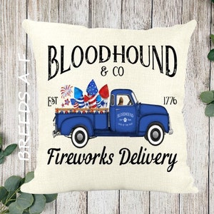 Custom Dog Fireworks Delivery Pillow Cover ~ COVER ONLY ~ BREEDS A-F - Choose Breed ~ Solid Off-White 18 x 18 ~ July 4th Pillow Cover