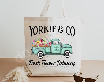 Yorkie Fresh Flower Delivery Tote Bag 15 x 19 ~ One Sided ~ Cute Gift ~ Mother's Day ~ Natural Colored Faux Burlap Bag