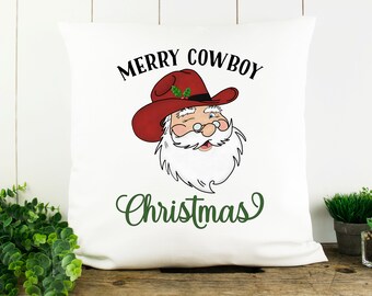 Merry Cowboy Christmas Pillow Cover Solid White   18 x 18 ~Cover Only~