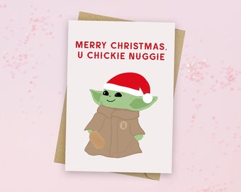 Merry Christmas, u Chickie Nuggie Christmas Card - Chicken Nugget - Baby Yoda - Cute Greeting Card - Funny Card - Food Card - Chicky Nuggies