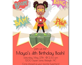 African American Birthday Party | Superhero Birthday Party | African American Super Girl | Party Invitation for girls | Kid Party theme