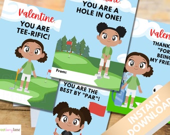 Classroom Valentines for black girls | Sports Valentines |  Golf Valentine Cards | School Valentine | Printable Valentine | Instant Card