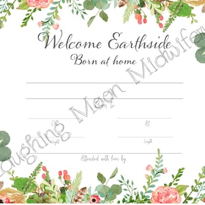 Herdenkings geboortecertificaat, welkom Earthside, geboren thuis, bloemen, pasgeboren voetafdruk aandenken, kinderkamer kunst//nieuwe mom cadeau