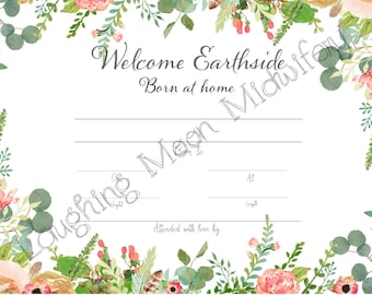 Commemorative Birth Certificate, Welcome Earthside, Born at Home, Floral, Newborn Footprint Keepsake, Nursery Art// New Mom Gift
