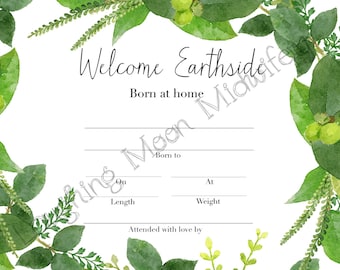 Commemorative Birth Certificate, Welcome Earthside, Born at Home, Floral, Newborn Footprint Keepsake, Nursery Art// New Mom Gift